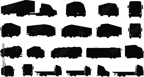 Silhouette truck vector set, cargo transport vehicles, delivery lorry, tanker, freight transportation, logistics, shipping, heavy duty commercial trucks illustration collection