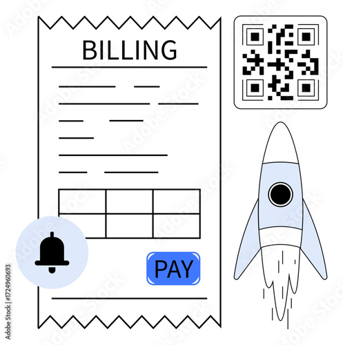 Receipt with billing details, QR code, notification bell, and rocket launch symbolizing digital payments, online transactions, and progress. Ideal for fintech, startups, e-commerce apps business
