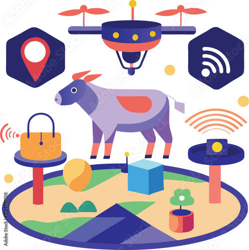 Drone technology monitoring livestock and farm operations for efficient agricultural management vector