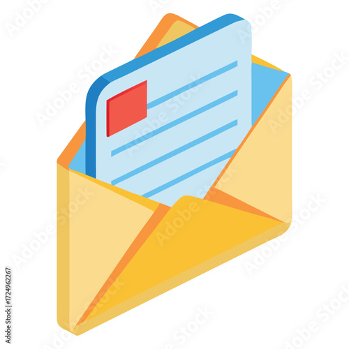 Open yellow envelope with a letter inside showing text and a red square