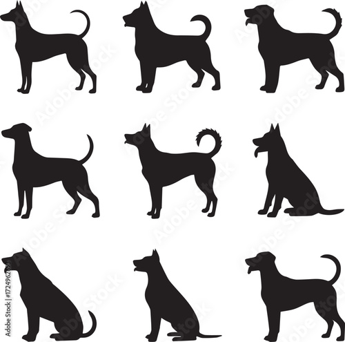 Diverse dog silhouettes collection featuring various poses and breeds for creative projects