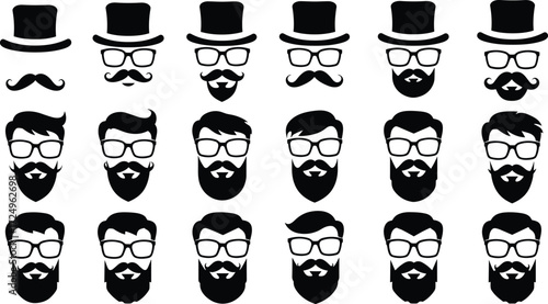 Hipster beard mustache glasses vector set, vintage gentleman face elements, retro style accessories, fashion silhouettes, barbershop icons illustration collection