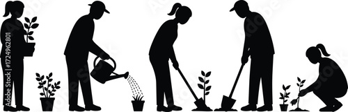 Silhouette people gardening, planting trees, watering plants, teamwork in nature, eco-friendly activity, shovel work, outdoor care, environmental illustration vector