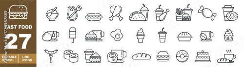 Fast food set of web icons in line style. Burger, bowl, steak, hotdog, chicken, taco, drink, fries, candy, donut, tea, ice cream, sandwich, egg, ice cream, cup, pie, coffee. Editable stroke icons