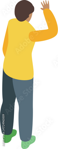 Person waving goodbye with hand raised in isometric view, isolated on white background