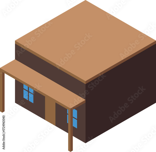 Simple isometric building resembling a saloon from the wild west, featuring a wooden porch and a flat roof