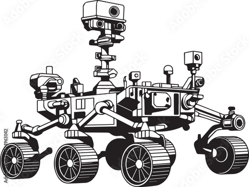 Detailed black and white sketch of a mars rover robotic exploration vehicle with six wheels