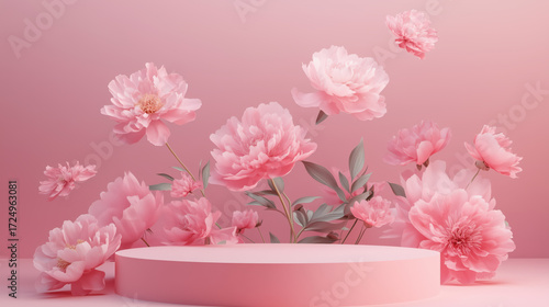 Elegant arrangement of blooming pink peonies encircling a round pink podium. Soft gradient background floating petals create a romantic, whimsical atmosphere, beauty, floral, product presentation 