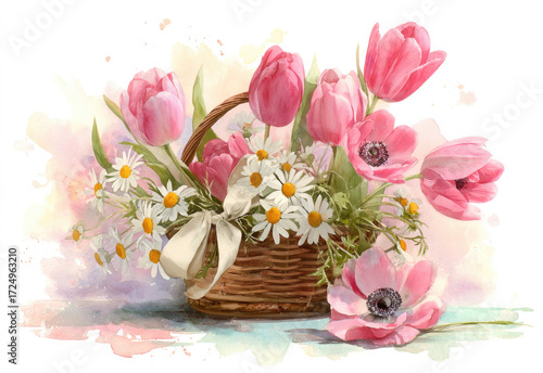 Wallpaper Mural A watercolor clipart of an elegant floral basket, with delicate pink tulips and daisies, tied with a soft pastel ribbon bow on a white background Torontodigital.ca