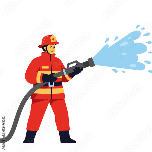 A firefighter in red uniform holds a hose spraying water towards the right