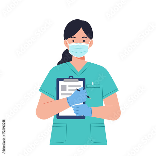 Nurse in mask and scrubs holding clipboard writing with pen