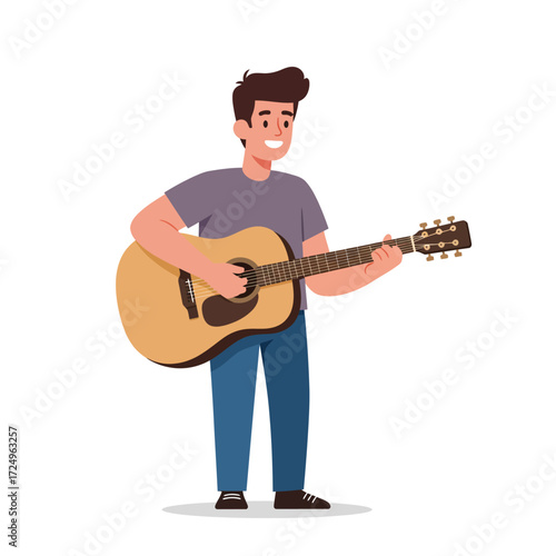A cartoon man stands playing a guitar wearing casual clothes and smiling