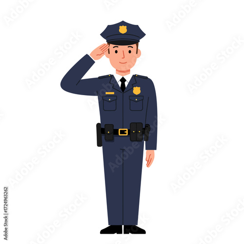 A policeman stands saluting in a navy uniform with a belt