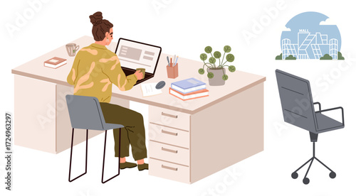Woman focused on computer work at a desk with books, coffee mug, and plant, urban office setting. Ideal for productivity, remote work, office environment, focus, work-life balance organization