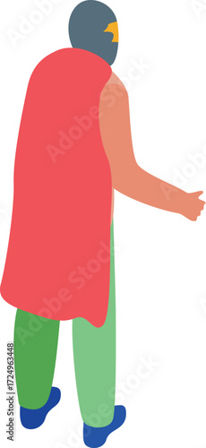 Superhero with red cape and grey mask walking away isometric icon