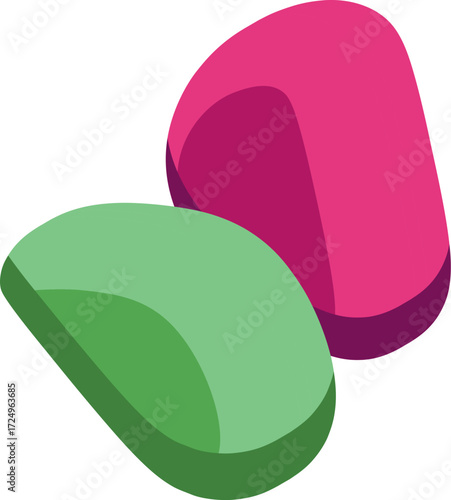 Abstract illustration featuring two overlapping pebbles, one green and one pink, forming a butterfly like shape on a white background