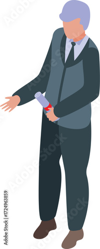 Notary public holding a document and gesturing, isometric illustration