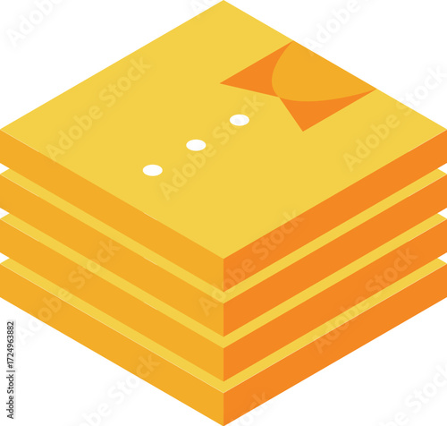 Folded yellow t shirts stacked neatly, forming a pile, creating a visually appealing isometric display of apparel organization