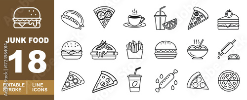 Junk Food set of web icons in line style. Burger, Hotdog, Pizza, Coffee, Drink, Slice, Cake, Burger, Fries, Burger, Noodles, Sauce, Slice, Slice, Cup, Squeeze, Pizza, Pizza and more. Editable stroke 