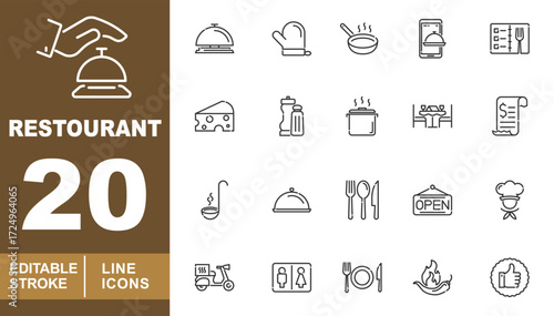 Restaurant set of web icons in line style. Bell, Cloche, Mitten, Pan, Phone, Menu, Cheese, Shaker, Pot, Table, Bill, Ladle, Utensils, Open, Chef, Scooter, Toilet, Plate, Chili. Editable stroke icons