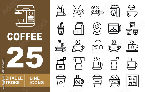 Coffee set of web icons in line style. Machine, Grinder, Pot, Scoop, Pack, Cup, Takeaway, Milk, Location, Mug, Coffee, Book, Tea, Cup, Moka, Coffee, Mug, Cup, Cup. Editable stroke icons collection.