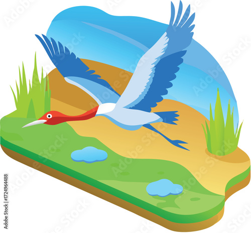 Low poly American crane migration in V-shape formation