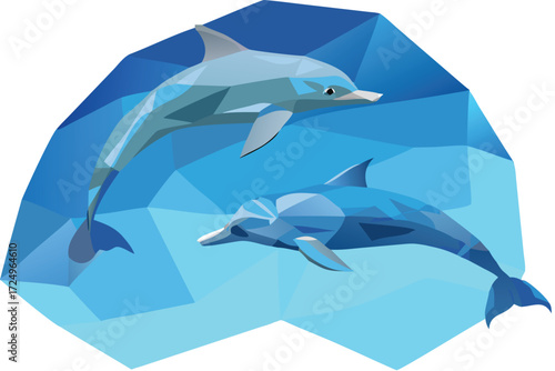 Low poly American orca whale jumping in ocean waves