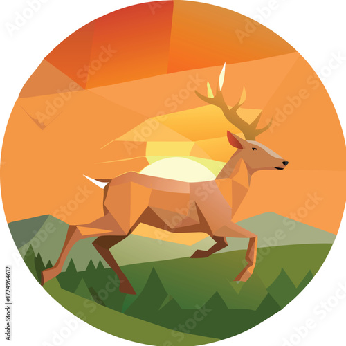Low poly American deer running across meadow at sunrise