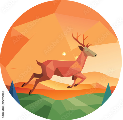 Low poly deer running across meadow at sunrise