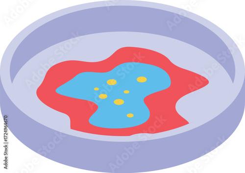 Petri dish holding red and blue liquid substance with yellow spots, depicting growing bacteria for scientific research