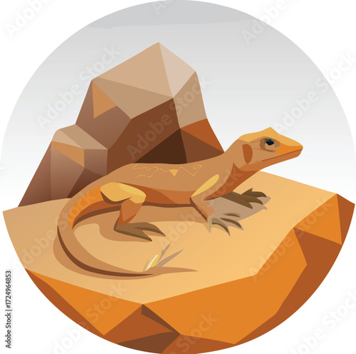 Low poly lizard basking on desert rocks