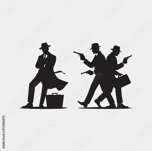 Silhouettes of men in hats and suits with guns and briefcases