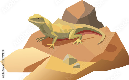 Low poly American lizard basking on desert rocks