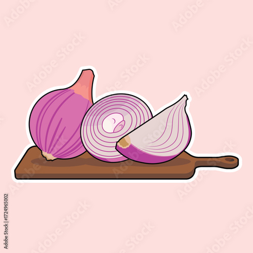 Vector illustration of sliced ​​and whole red onions on a chopping board