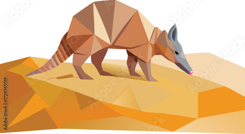 Low poly armadillo illustration with desert rocks background