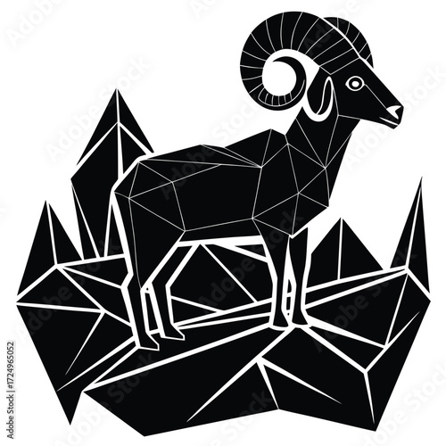 Low poly bighorn sheep standing on mountain
