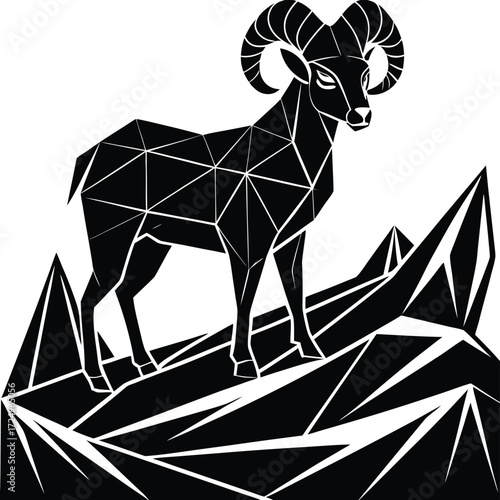 Low poly bighorn sheep standing on mountain edge