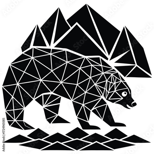 Low poly grizzly bear catching salmon in river geometric