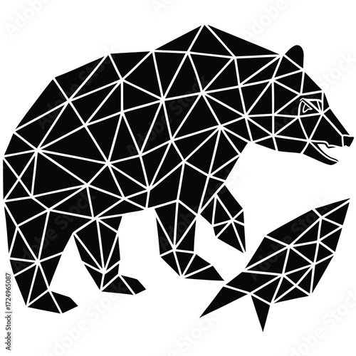Low poly grizzly bear catching salmon in river geometric design