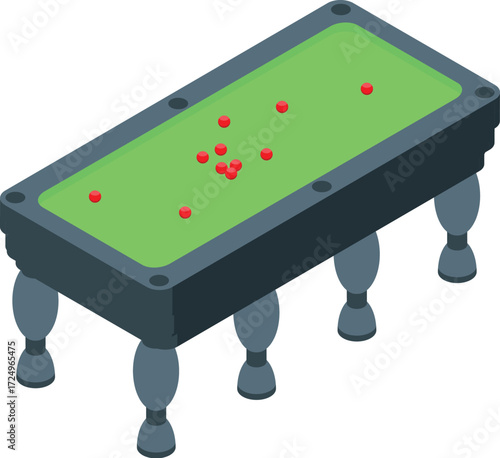 Green snooker table with red balls spread on playing surface, viewed from an isometric perspective, suggesting ongoing game
