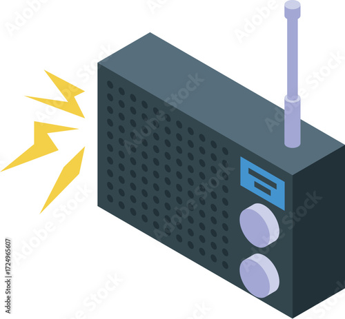 Portable radio emitting sound waves, represented by a lightning symbol, in an isometric perspective