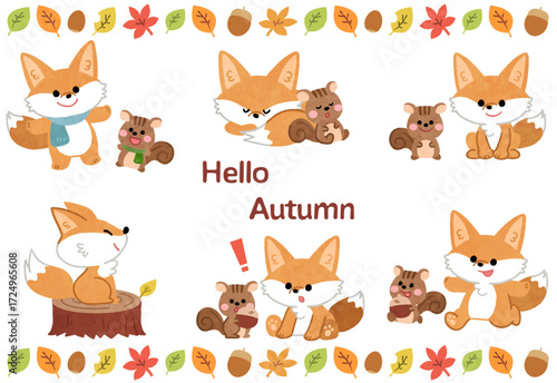 かわいいキツネとリスと紅葉のアイコンイラストセット