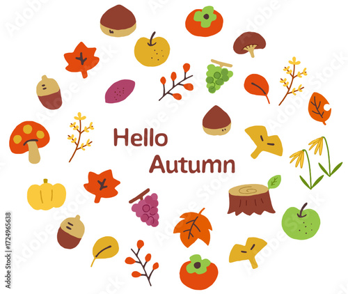 カラフルな秋と紅葉のアイコンイラストセット