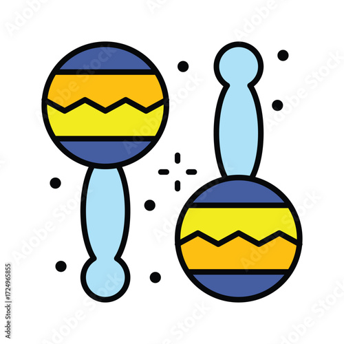 Two colorful maracas one upsidedown surrounded by black dots