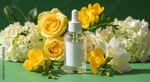 Transparent serum dropper bottle placed among yellow roses and white flowers on green surface, luxurious floral skincare mockup.