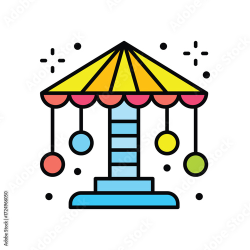 Colorful carousel icon with yellow canopy and hanging spheres