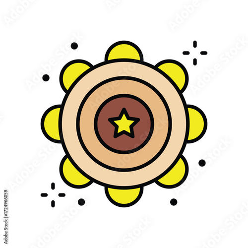 Cartoon tambourine featuring a central star with yellow circles along the edge and dot accents