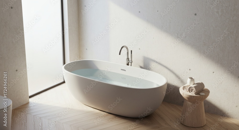Fototapeta premium Serene Bathroom Bathtub filled with water with sunlit, peaceful, and minimalist style.