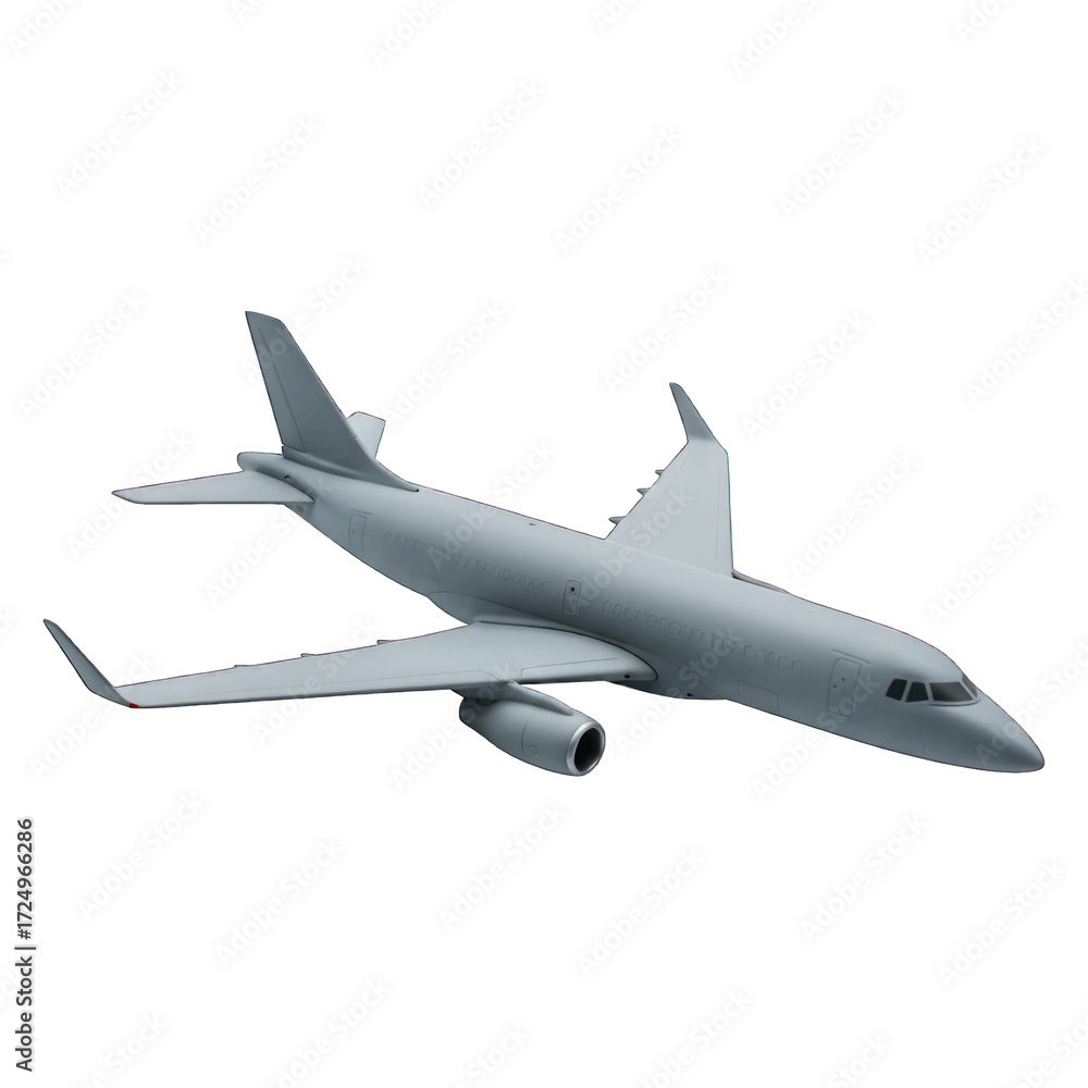 Obraz premium Gray jet plane in mid-flight, isolated against black. Minimalist design