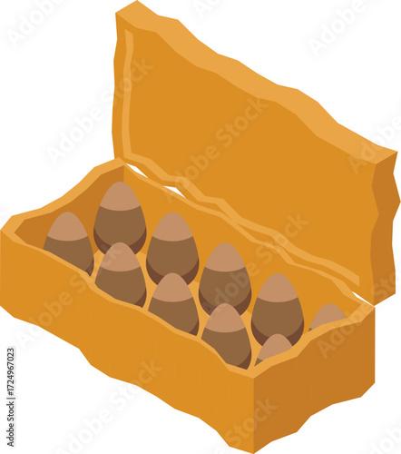 Isometric view of an open egg box containing eight brown eggs, ready for use in cooking or baking